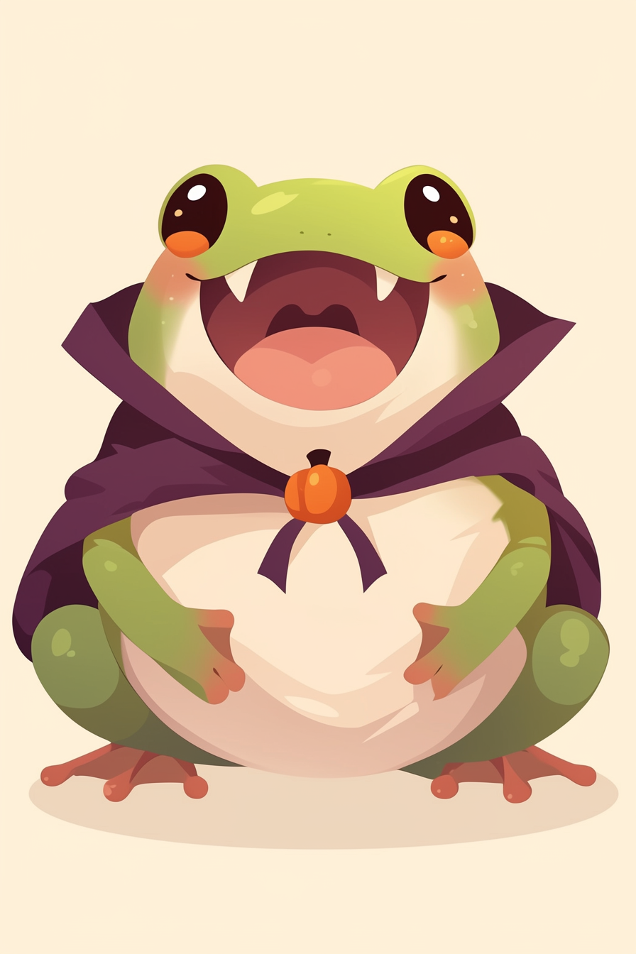 Halloween frog drawing ideas 2 featuring a cute frog dressed as a vampire with a small pumpkin medallion and a cape.